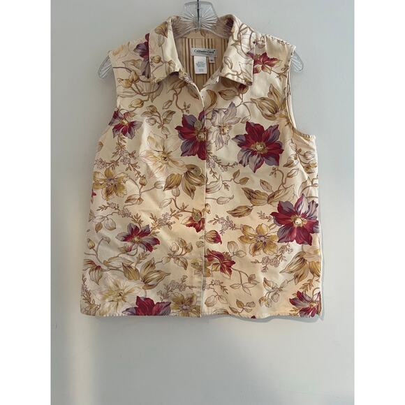Vintage Coldwater Creek Button Down Collared Vest Cream Floral Cotton Small JL - Picture 1 of 6